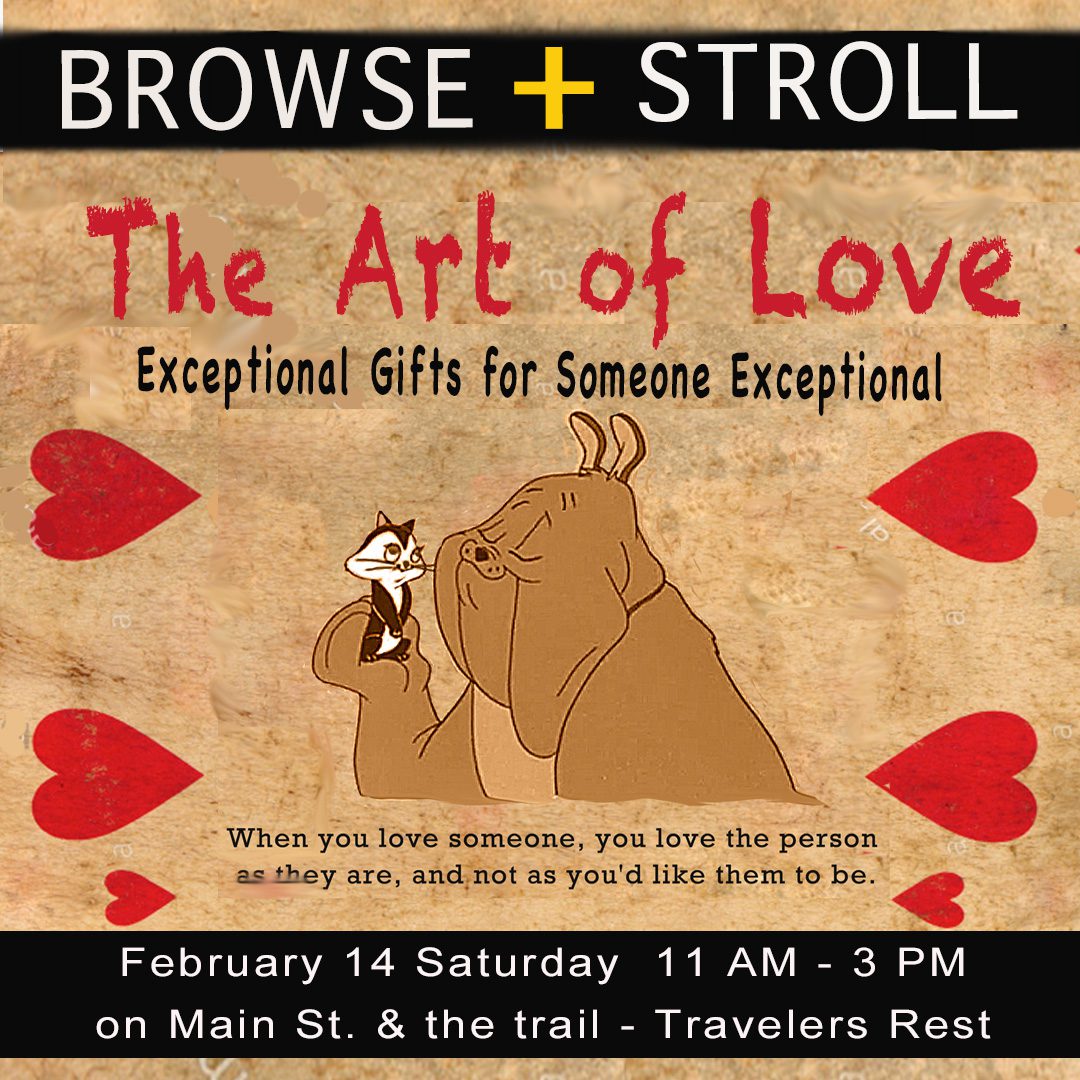 Browse + Stroll art market poster featuring "The Art of Love" with animal art and Valentine's hearts.