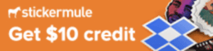 Sticker Mule promo: Get $10 credit. Features Sticker Mule logo and Dropbox icon.