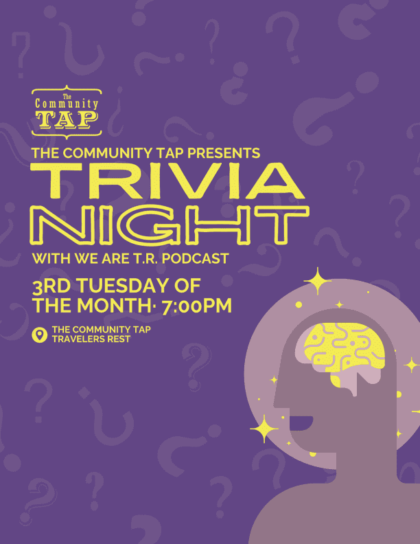 Trivia Night at The Community Tap TR, featuring We Are TR Podcast. Brain graphic.