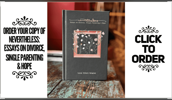 Book cover: Nevertheless, Essays on Divorce, Single Parenting & Hope. Click to order.